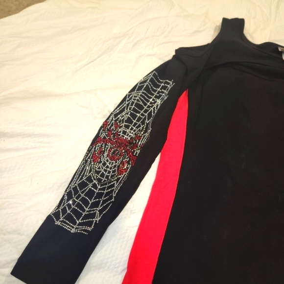 Bikers Den Stretch Open Shoulder & Neckline Bling Sleeve Spider And Web Shirt - Picture 6 of 10